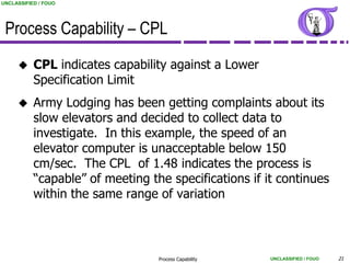 UNCLASSIFIED / FOUO




 Process Capability – CPL
          CPL indicates capability against a Lower
           Specification Limit
          Army Lodging has been getting complaints about its
           slow elevators and decided to collect data to
           investigate. In this example, the speed of an
           elevator computer is unacceptable below 150
           cm/sec. The CPL of 1.48 indicates the process is
           “capable” of meeting the specifications if it continues
           within the same range of variation



                                  Process Capability   UNCLASSIFIED / FOUO   21
 