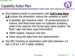 UNCLASSIFIED / FOUO




 Capability Action Plan
       Give highest priority to parameters with Cpk‟s less than
        1.0 (center the dimension, reduce the variation or both)
          If possible, get tolerance relief. (If product/process is
           mature, and there have been no customer problems,
           what is the need for this formal spec when another “de
           facto” spec has been used historically?)
          100% inspect, measure and sort
          Chart using the data from the measurements

       Use SPC Charting on parameters with Cpk‟s between 1.0
        and 1.33 (or 1.67 if safety related)



                                  Process Capability    UNCLASSIFIED / FOUO   26
 