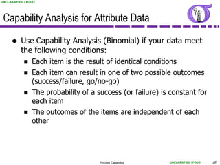 UNCLASSIFIED / FOUO




 Capability Analysis for Attribute Data
          Use Capability Analysis (Binomial) if your data meet
           the following conditions:
                Each item is the result of identical conditions
                Each item can result in one of two possible outcomes
                 (success/failure, go/no-go)
                The probability of a success (or failure) is constant for
                 each item
                The outcomes of the items are independent of each
                 other




                                       Process Capability    UNCLASSIFIED / FOUO   28
 