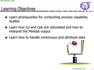 UNCLASSIFIED / FOUO




 Learning Objectives
          Learn prerequisites for conducting process capability
           studies
          Learn how Cp and Cpk are calculated and how to
           interpret the Minitab output
          Learn how to handle continuous and attribute data




                                                     UNCLASSIFIED / FOUO   3
 
