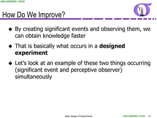 UNCLASSIFIED / FOUO




 How Do We Improve?
          By creating significant events and observing them, we
           can obtain knowledge faster
          That is basically what occurs in a designed
           experiment
          Let‟s look at an example of these two things occurring
           (significant event and perceptive observer)
           simultaneously




                              Basic Design of Experiments   UNCLASSIFIED / FOUO   13
 