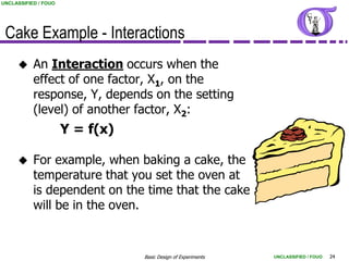 UNCLASSIFIED / FOUO




 Cake Example - Interactions
          An Interaction occurs when the
           effect of one factor, X1, on the
           response, Y, depends on the setting
           (level) of another factor, X2:
                      Y = f(x)

          For example, when baking a cake, the
           temperature that you set the oven at
           is dependent on the time that the cake
           will be in the oven.


                                 Basic Design of Experiments   UNCLASSIFIED / FOUO   24
 