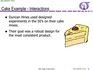 UNCLASSIFIED / FOUO




 Cake Example - Interactions
          Duncan Hines used designed
           experiments in the 50‟s on their cake
           mixes.
          Their goal was a robust design for
           the most consistent product.




                              Basic Design of Experiments   UNCLASSIFIED / FOUO   26
 