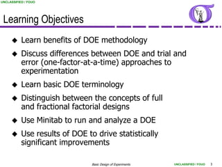 UNCLASSIFIED / FOUO




 Learning Objectives
          Learn benefits of DOE methodology
          Discuss differences between DOE and trial and
           error (one-factor-at-a-time) approaches to
           experimentation
          Learn basic DOE terminology
          Distinguish between the concepts of full
           and fractional factorial designs
          Use Minitab to run and analyze a DOE
          Use results of DOE to drive statistically
           significant improvements

                                Basic Design of Experiments   UNCLASSIFIED / FOUO   3
 