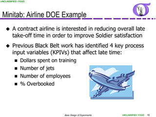 UNCLASSIFIED / FOUO




 Minitab: Airline DOE Example
        A contract airline is interested in reducing overall late
         take-off time in order to improve Soldier satisfaction
        Previous Black Belt work has identified 4 key process
         input variables (KPIVs) that affect late time:
              Dollars spent on training
              Number of jets
              Number of employees
              % Overbooked




                                  Basic Design of Experiments   UNCLASSIFIED / FOUO   43
 