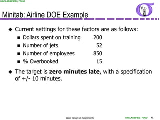UNCLASSIFIED / FOUO




 Minitab: Airline DOE Example
          Current settings for these factors are as follows:
                Dollars spent on training                   200
                Number of jets                               52
                Number of employees                         850
                % Overbooked                                 15
          The target is zero minutes late, with a specification
           of +/- 10 minutes.




                                   Basic Design of Experiments     UNCLASSIFIED / FOUO   45
 