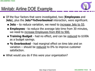 UNCLASSIFIED / FOUO




 Minitab: Airline DOE Example
      Of the four factors that were investigated, two (Employees and
       Jets), plus the Jets*%Overbooked interaction, were significant.
           Jets – to reduce variation, we need to increase Jets to 55.
           Employees - to reduce the average late time from 30 minutes,
            we need to increase Employees from 850 to 900.
           Training Budget - had no effect, and can be reduced to $100k
            as a budget savings.
           % Overbooked - had marginal effect on time late and on
            variation – should be reduced to 0% to improve customer
            satisfaction.
      What would you do if this were your organization?




                                  Basic Design of Experiments   UNCLASSIFIED / FOUO   81
 