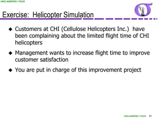 UNCLASSIFIED / FOUO




 Exercise: Helicopter Simulation
          Customers at CHI (Cellulose Helicopters Inc.) have
           been complaining about the limited flight time of CHI
           helicopters
          Management wants to increase flight time to improve
           customer satisfaction
          You are put in charge of this improvement project




                                                      UNCLASSIFIED / FOUO   87
 