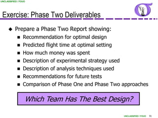 UNCLASSIFIED / FOUO




 Exercise: Phase Two Deliverables
          Prepare a Phase Two Report showing:
                Recommendation for optimal design
                Predicted flight time at optimal setting
                How much money was spent
                Description of experimental strategy used
                Description of analysis techniques used
                Recommendations for future tests
                Comparison of Phase One and Phase Two approaches

                  Which Team Has The Best Design?

                                                             UNCLASSIFIED / FOUO   91
 