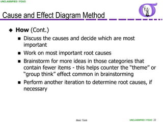 UNCLASSIFIED / FOUO




 Cause and Effect Diagram Method
          How (Cont.)
                Discuss the causes and decide which are most
                 important
                Work on most important root causes
                Brainstorm for more ideas in those categories that
                 contain fewer items - this helps counter the “theme” or
                 “group think” effect common in brainstorming
                Perform another iteration to determine root causes, if
                 necessary




                                      Basic Tools            UNCLASSIFIED / FOUO 22
 