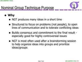 UNCLASSIFIED / FOUO




 Nominal Group Technique Purpose
          Why
                NGT produces many ideas in a short time
                Structured to focus on problems (not people), to open
                 lines of communication and to tolerate conflicting ideas
                Builds consensus and commitment to the final result -
                 especially good for highly controversial issues
                NGT is most often used after a brainstorming session
                 to help organize ideas into groups and prioritize
                 ideas/groups



                                       Basic Tools           UNCLASSIFIED / FOUO 30
 
