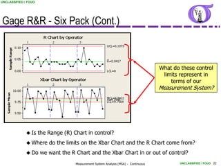 UNCLASSIFIED / FOUO




Gage R&R - Six Pack (Cont.)



                                                                                      What do these control
                                                                                       limits represent in
                                                                                          terms of our
                                                                                      Measurement System?




               Is    the Range (R) Chart in control?
               Where     do the limits on the Xbar Chart and the R Chart come from?
               Do    we want the R Chart and the Xbar Chart in or out of control?
                                     Measurement System Analysis (MSA) - Continuous           UNCLASSIFIED / FOUO 22
 