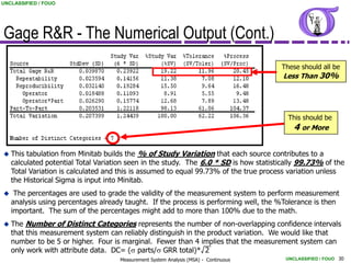 UNCLASSIFIED / FOUO




Gage R&R - The Numerical Output (Cont.)
                                                                                       These should all be
                                                                                        Less Than 30%




                                                                                         This should be
                                                                                           4 or More

 This   tabulation from Minitab builds the % of Study Variation that each source contributes to a
    calculated potential Total Variation seen in the study. The 6.0 * SD is how statistically 99.73% of the
    Total Variation is calculated and this is assumed to equal 99.73% of the true process variation unless
    the Historical Sigma is input into Minitab.
    The percentages are used to grade the validity of the measurement system to perform measurement
    analysis using percentages already taught. If the process is performing well, the %Tolerance is then
    important. The sum of the percentages might add to more than 100% due to the math.
 The    Number of Distinct Categories represents the number of non-overlapping confidence intervals
    that this measurement system can reliably distinguish in the product variation. We would like that
    number to be 5 or higher. Four is marginal. Fewer than 4 implies that the measurement system can
    only work with attribute data. DC= (s parts/s GRR total)* 2
                                     Measurement System Analysis (MSA) - Continuous     UNCLASSIFIED / FOUO 30
 