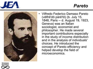 Pareto Vilfredo Federico Damaso Pareto (vēlfrĕ'dō pärĕ'tō) (b. July 15, 1848, Paris -- d. August 19, 1923, Geneva) was an Italian sociologist, economist and philosopher. He made several important contributions especially in the study of income distribution and in the analysis of individuals' choices. He introduced the concept of Pareto efficiency and helped develop the field of microeconomics. 