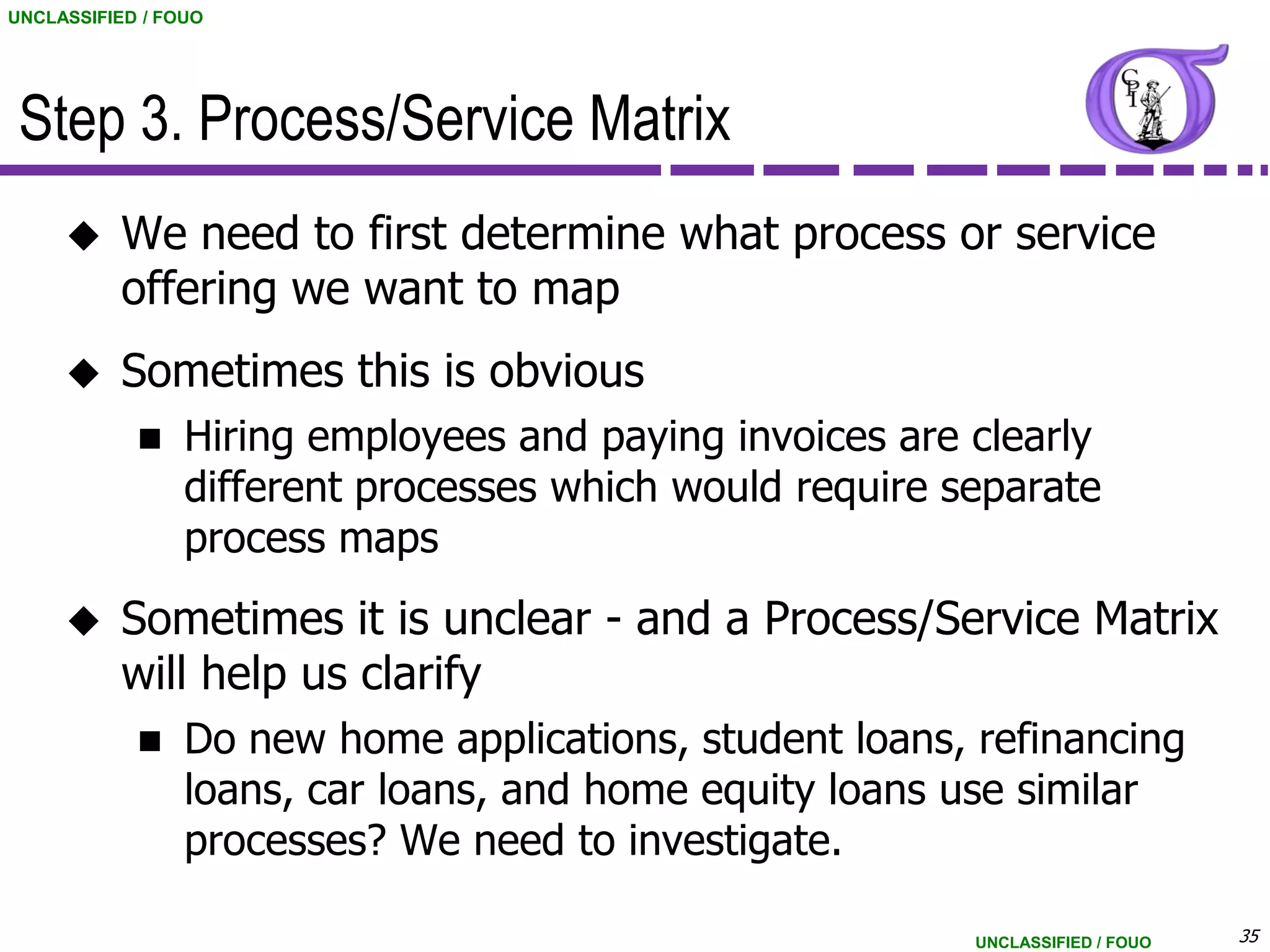 UNCLASSIFIED / FOUO




 Step 3. Process/Service Matrix
          We need to first determine what process or service
           offering we want to map
          Sometimes this is obvious
                Hiring employees and paying invoices are clearly
                 different processes which would require separate
                 process maps
          Sometimes it is unclear - and a Process/Service Matrix
           will help us clarify
                Do new home applications, student loans, refinancing
                 loans, car loans, and home equity loans use similar
                 processes? We need to investigate.

                                                          UNCLASSIFIED / FOUO   35
 