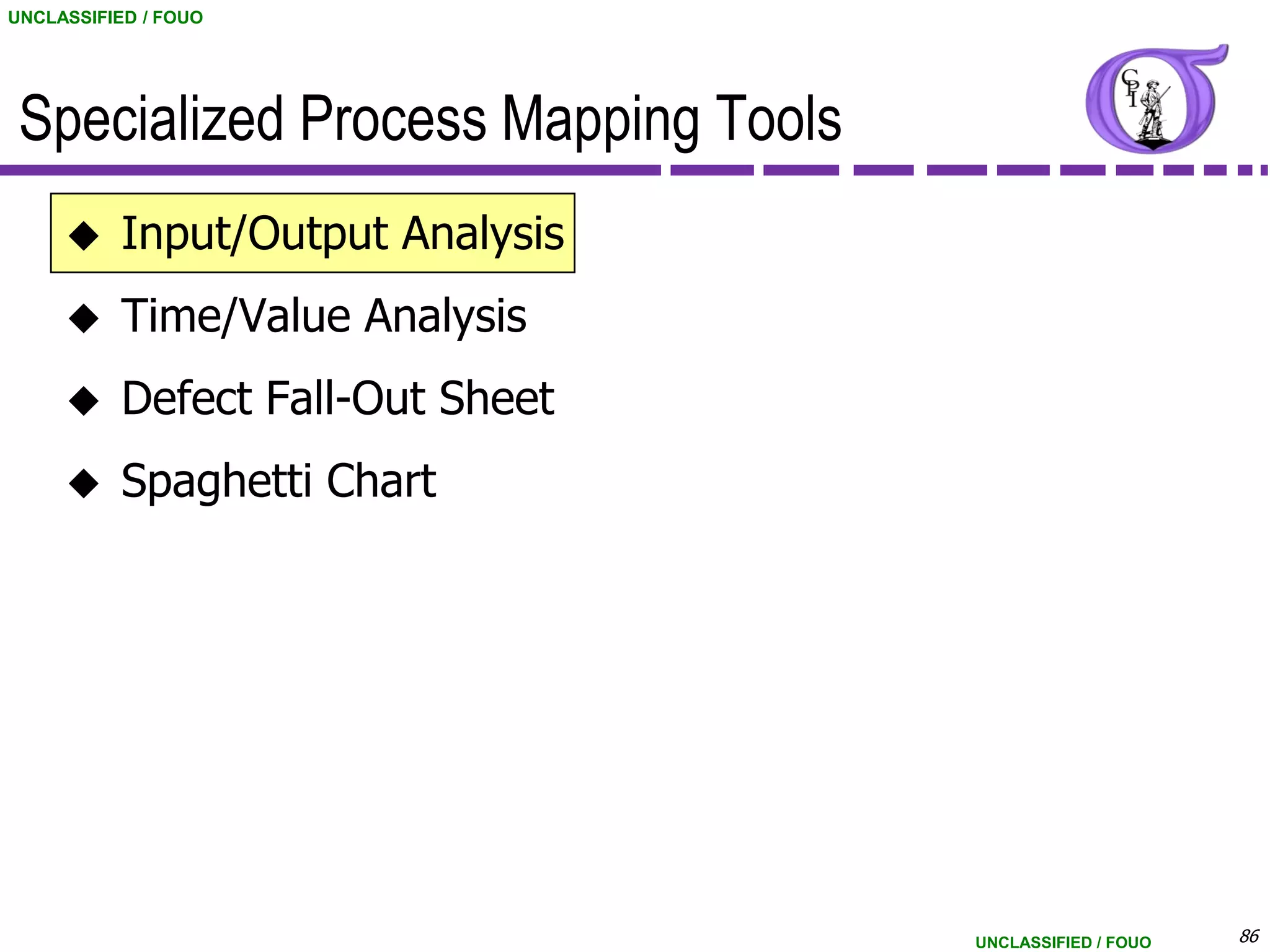 UNCLASSIFIED / FOUO




 Specialized Process Mapping Tools
          Input/Output Analysis
          Time/Value Analysis
          Defect Fall-Out Sheet
          Spaghetti Chart




                                     UNCLASSIFIED / FOUO   86
 