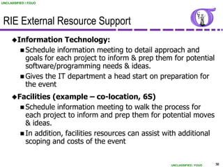 UNCLASSIFIED / FOUO




 RIE External Resource Support
     Information       Technology:
           Schedule information meeting to detail approach and
            goals for each project to inform & prep them for potential
            software/programming needs & ideas.
           Gives the IT department a head start on preparation for
            the event
     Facilities     (example – co-location, 6S)
           Schedule information meeting to walk the process for
            each project to inform and prep them for potential moves
            & ideas.
           In addition, facilities resources can assist with additional
            scoping and costs of the event


                                                          UNCLASSIFIED / FOUO   56
 
