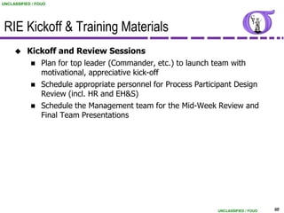UNCLASSIFIED / FOUO




 RIE Kickoff & Training Materials
          Kickoff and Review Sessions
             Plan for top leader (Commander, etc.) to launch team with
              motivational, appreciative kick-off
             Schedule appropriate personnel for Process Participant Design
              Review (incl. HR and EH&S)
             Schedule the Management team for the Mid-Week Review and
              Final Team Presentations




                                                               UNCLASSIFIED / FOUO   60
 