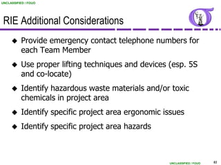 UNCLASSIFIED / FOUO




 RIE Additional Considerations
          Provide emergency contact telephone numbers for
           each Team Member
          Use proper lifting techniques and devices (esp. 5S
           and co-locate)
          Identify hazardous waste materials and/or toxic
           chemicals in project area
          Identify specific project area ergonomic issues
          Identify specific project area hazards



                                                     UNCLASSIFIED / FOUO   61
 