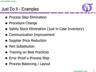 UNCLASSIFIED / FOUO




 Just Do It - Examples
          Process Step Elimination
          Procedure Change
          Safety Stock Elimination (Just in Case Inventory)
          Communication Improvement
          Supplier Price Reduction
          Part Substitution
          Training on Best Practices
          Error Proof a Process Step
          Process Balancing / Layout
                                                     UNCLASSIFIED / FOUO   9
 