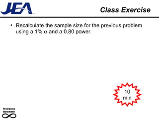 Class Exercise Recalculate the sample size for the previous problem using a 1%    and a 0.80 power. 10 min 