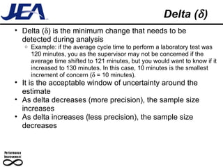 Delta (  )  Delta (  ) is the minimum change that needs to be detected during analysis Example: if the average cycle time to perform a laboratory test was 120 minutes, you as the supervisor may not be concerned if the average time shifted to 121 minutes, but you would want to know if it increased to 130 minutes. In this case, 10 minutes is the smallest increment of concern (   = 10 minutes). It is the acceptable window of uncertainty around the estimate As delta decreases (more precision), the sample size increases  As delta increases (less precision), the sample size decreases 