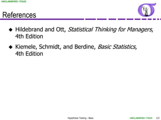 UNCLASSIFIED / FOUO




References
         Hildebrand and Ott, Statistical Thinking for Managers,
          4th Edition
         Kiemele, Schmidt, and Berdine, Basic Statistics,
          4th Edition




                              Hypothesis Testing - Basic   UNCLASSIFIED / FOUO   121
 