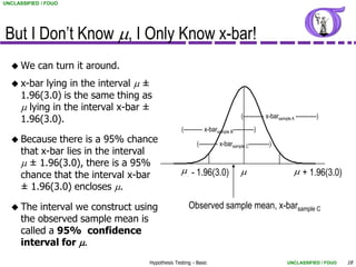 UNCLASSIFIED / FOUO




But I Don’t Know m, I Only Know x-bar!
   We      can turn it around.
   x-bar   lying in the interval m ±
      1.96(3.0) is the same thing as
      m lying in the interval x-bar ±
                                                                               (----------- x-barsample A -----------)
      1.96(3.0).
                                                  (---------- x-barsample B-----------)
   Because    there is a 95% chance                     (---------- x-barsample C-----------)
      that x-bar lies in the interval
      m ± 1.96(3.0), there is a 95%
      chance that the interval x-bar              m1 - 1.96(3.0)               m1                        m1+ 1.96(3.0)
      ± 1.96(3.0) encloses m.

   The    interval we construct using               Observed sample mean, x-barsample C
      the observed sample mean is
      called a 95% confidence
      interval for m.
                                    Hypothesis Testing - Basic                                        UNCLASSIFIED / FOUO   18
 