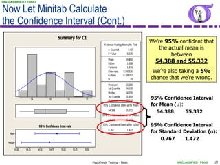 UNCLASSIFIED / FOUO


Now Let Minitab Calculate
the Confidence Interval (Cont.)
                                                 Summary for C1
                                                                                       A nderson-Darling Normality Test
                                                                                                                             We’re 95% confident that
                                                                                           A -Squared          0.60              the actual mean is
                                                                                           P-V alue           0.105
                                                                                                                                      between
                                                                                           Mean
                                                                                           StDev
                                                                                                              54.860
                                                                                                               1.008
                                                                                                                               54.388 and 55.332
                                                                                           V ariance           1.016
                                                                                           Skew ness        0.560026          We’re also taking a 5%
                                                                                           Kurtosis        -0.509797
                                                                                           N                      20         chance that we’re wrong.
                                                                                           Minimum           53.300
                                                                                           1st Q uartile     54.100
                                                                                           Median            54.700

                            54           55               56            57
                                                                                           3rd Q uartile
                                                                                           Maximum
                                                                                                             55.850
                                                                                                             57.100
                                                                                                                             95% Confidence Interval
                                                                                       95% C onfidence Interv al for Mean    for Mean (m:
                                                                                           54.388            55.332
                                                                                                                               54.388      55.332
                                                                                      95% C onfidence Interv al for Median
                                                                                           54.100            55.582

                                  95% Confidence Intervals                            95% C onfidence Interv al for StDev    95% Confidence Interval
    Mean
                                                                                           0.767              1.472
                                                                                                                             for Standard Deviation (s:
                                                                                                                                  0.767    1.472
   Median

            54.00   54.25        54.50   54.75    55.00        55.25   55.50



                                                                               Hypothesis Testing - Basic                              UNCLASSIFIED / FOUO   31
 