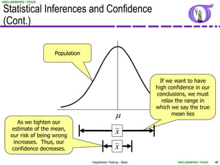 UNCLASSIFIED / FOUO


Statistical Inferences and Confidence
(Cont.)

                      Population



                                                                  If we want to have
                                                                high confidence in our
                                                                conclusions, we must
                                                                   relax the range in
                                                                which we say the true
                                                   m                   mean lies
        As we tighten our
     estimate of the mean,
    our risk of being wrong
                                                   x
      increases. Thus, our
     confidence decreases.                         x
                                   Hypothesis Testing - Basic           UNCLASSIFIED / FOUO   48
 