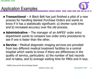 UNCLASSIFIED / FOUO




Application Examples
   Transactional      – A Black Belt has just finished a pilot of a new
      process for handling blanket Purchase Orders and wants to
      know if it has a statistically significant: a) shorter cycle time
      and b) increased accuracy over the old process.
   Administrative       – The manager of an AAFES1 order entry
      department wants to compare two order entry procedures to
      see if one is faster than the other.
   Service     – Medical diagnostic imaging services are provided
      from two different medical treatment facilities to a central
      hospital which wants to know if there are differences in the
      quality of service, particularly: a) the number of lost records
      and re-takes, and b) average waiting time for MRIs and X-rays.
       1AAFES,   Army and Air Force Exchange System
                                                      Hypothesis Testing - Basic   UNCLASSIFIED / FOUO   5
 