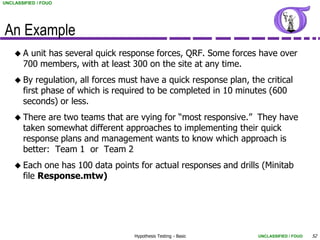 UNCLASSIFIED / FOUO




An Example
    A   unit has several quick response forces, QRF. Some forces have over
       700 members, with at least 300 on the site at any time.
     By   regulation, all forces must have a quick response plan, the critical
       first phase of which is required to be completed in 10 minutes (600
       seconds) or less.
     There   are two teams that are vying for “most responsive.” They have
       taken somewhat different approaches to implementing their quick
       response plans and management wants to know which approach is
       better: Team 1 or Team 2
     Each   one has 100 data points for actual responses and drills (Minitab
       file Response.mtw)




                                    Hypothesis Testing - Basic       UNCLASSIFIED / FOUO   52
 