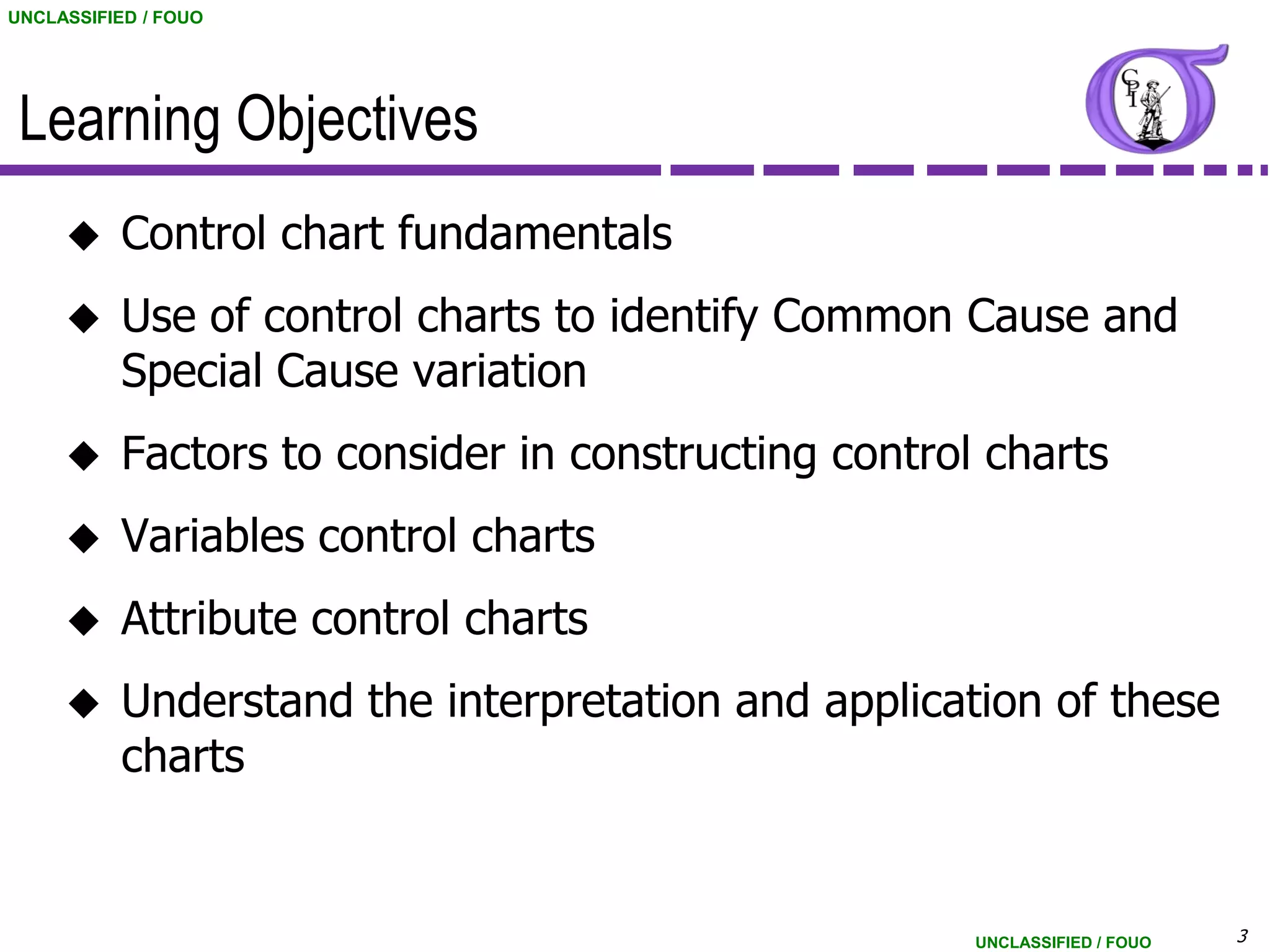 UNCLASSIFIED / FOUO




 Learning Objectives
          Control chart fundamentals
          Use of control charts to identify Common Cause and
           Special Cause variation
          Factors to consider in constructing control charts
          Variables control charts
          Attribute control charts
          Understand the interpretation and application of these
           charts


                                                      UNCLASSIFIED / FOUO   3
 