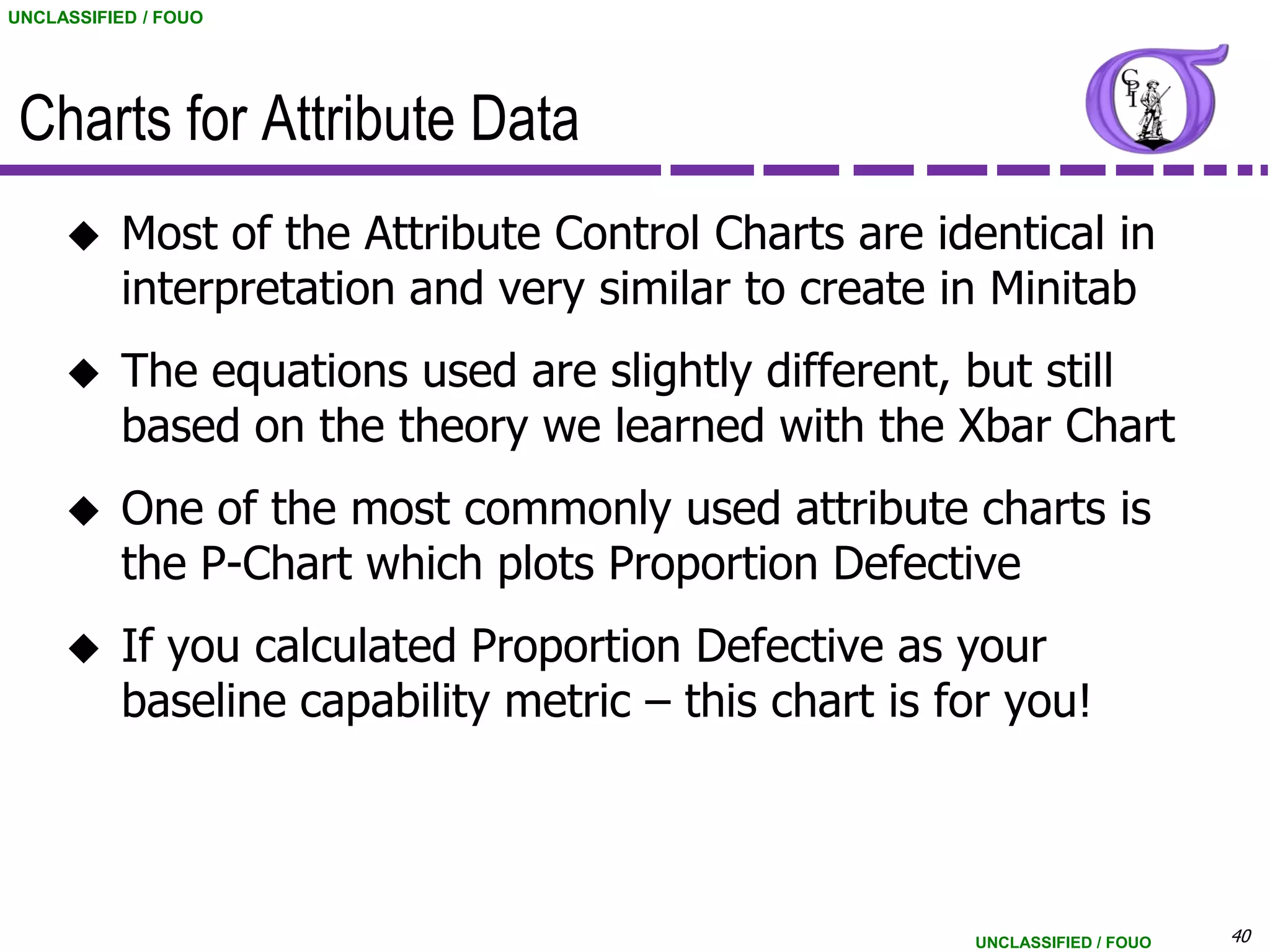 UNCLASSIFIED / FOUO




 Charts for Attribute Data
          Most of the Attribute Control Charts are identical in
           interpretation and very similar to create in Minitab
          The equations used are slightly different, but still
           based on the theory we learned with the Xbar Chart
          One of the most commonly used attribute charts is
           the P-Chart which plots Proportion Defective
          If you calculated Proportion Defective as your
           baseline capability metric – this chart is for you!




                                                       UNCLASSIFIED / FOUO   40
 