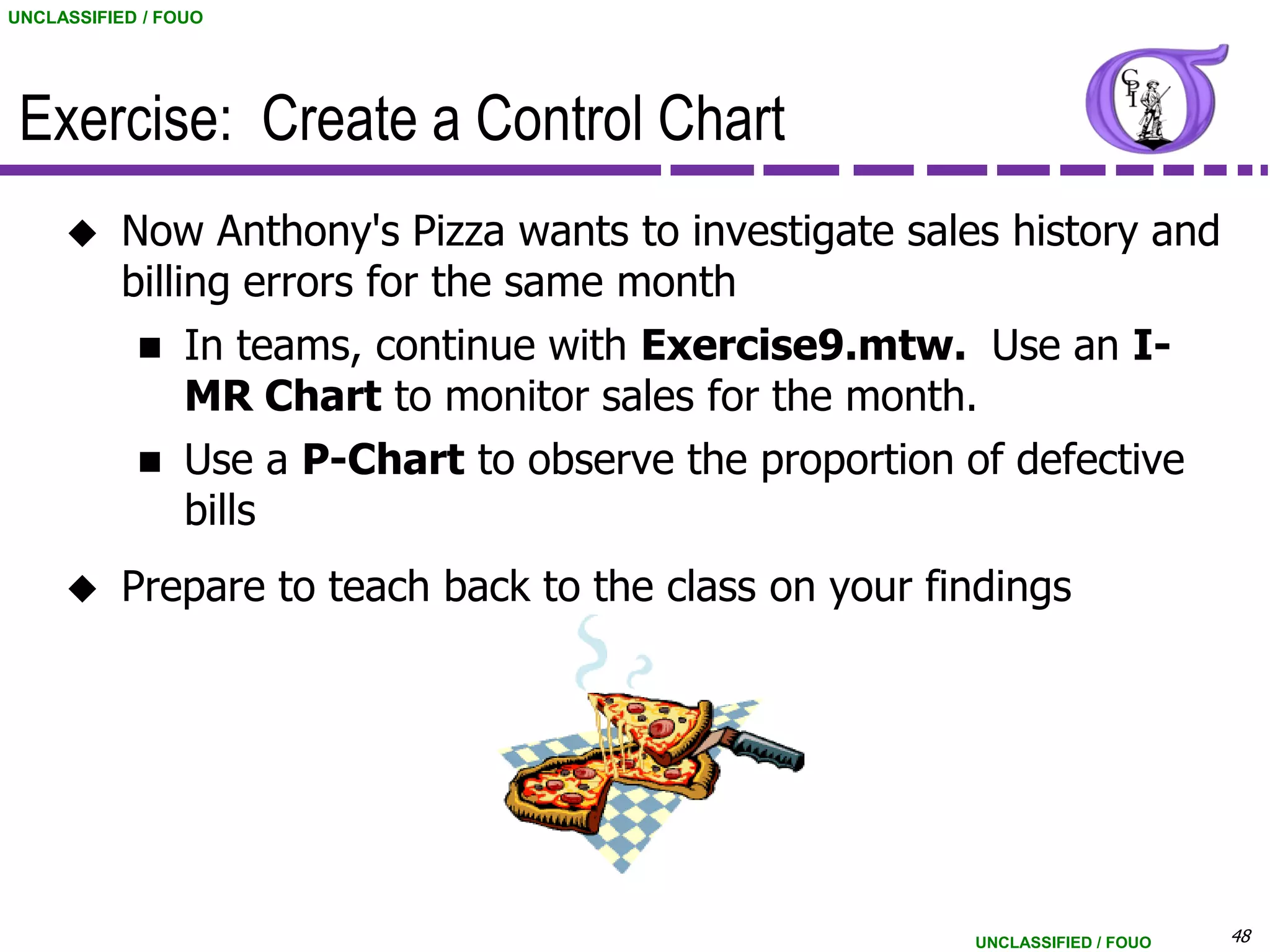 UNCLASSIFIED / FOUO




 Exercise: Create a Control Chart
          Now Anthony's Pizza wants to investigate sales history and
           billing errors for the same month
             In teams, continue with Exercise9.mtw. Use an I-
                MR Chart to monitor sales for the month.
             Use a P-Chart to observe the proportion of defective
                bills
          Prepare to teach back to the class on your findings




                                                        UNCLASSIFIED / FOUO   48
 