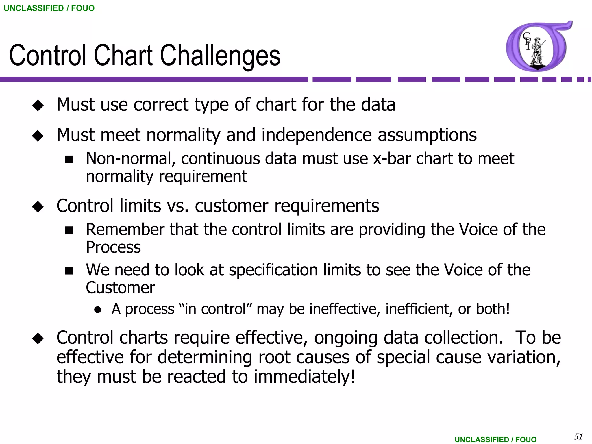 UNCLASSIFIED / FOUO




 Control Chart Challenges
          Must use correct type of chart for the data
          Must meet normality and independence assumptions
                Non-normal, continuous data must use x-bar chart to meet
                 normality requirement
          Control limits vs. customer requirements
                Remember that the control limits are providing the Voice of the
                 Process
                We need to look at specification limits to see the Voice of the
                 Customer
                     A process “in control” may be ineffective, inefficient, or both!

          Control charts require effective, ongoing data collection. To be
           effective for determining root causes of special cause variation,
           they must be reacted to immediately!


                                                                             UNCLASSIFIED / FOUO   51
 