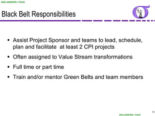 UNCLASSIFIED / FOUO




Black Belt Responsibilities


     Assist Project Sponsor and teams to lead, schedule,
      plan and facilitate at least 2 CPI projects
     Often assigned to Value Stream transformations
     Full time or part time
     Train and/or mentor Green Belts and team members




                                                                     10
                                               UNCLASSIFIED / FOUO
 