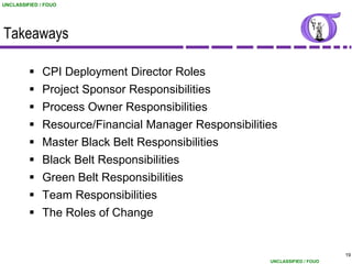 UNCLASSIFIED / FOUO




Takeaways

          CPI Deployment Director Roles
          Project Sponsor Responsibilities
             Process Owner Responsibilities
             Resource/Financial Manager Responsibilities
             Master Black Belt Responsibilities
             Black Belt Responsibilities
             Green Belt Responsibilities
             Team Responsibilities
             The Roles of Change


                                                                             19
                                                       UNCLASSIFIED / FOUO
 