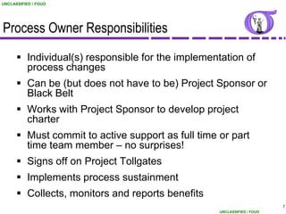 UNCLASSIFIED / FOUO




Process Owner Responsibilities
       Individual(s) responsible for the implementation of
        process changes
       Can be (but does not have to be) Project Sponsor or
        Black Belt
       Works with Project Sponsor to develop project
        charter
       Must commit to active support as full time or part
        time team member – no surprises!
       Signs off on Project Tollgates
       Implements process sustainment
       Collects, monitors and reports benefits
                                                                         7
                                                   UNCLASSIFIED / FOUO
 
