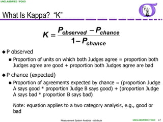 UNCLASSIFIED / FOUO




 What Is Kappa? “K”
                          Pobserved  Pchance
                       K
                              1  Pchance
P      observed
         Proportion of units on which both Judges agree = proportion both
          Judges agree are good + proportion both Judges agree are bad
P      chance (expected)
         Proportion of agreements expected by chance = (proportion Judge
          A says good * proportion Judge B says good) + (proportion Judge
          A says bad * proportion B says bad)

          Note: equation applies to a two category analysis, e.g., good or
          bad
                               Measurement System Analysis - Attribute   UNCLASSIFIED / FOUO   13
 