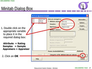 UNCLASSIFIED / FOUO




 Minitab Dialog Box



1. Double click on the
  appropriate variable
  to place it in the
  required dialog box:

   Attribute = Rating
   Samples = Sample
   Appraisers = Appraiser


  2. Click on OK



                            Measurement System Analysis - Attribute   UNCLASSIFIED / FOUO   20
 