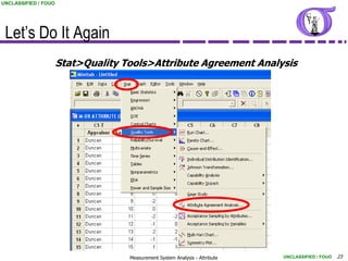 UNCLASSIFIED / FOUO




 Let’s Do It Again
                      Stat>Quality Tools>Attribute Agreement Analysis




                                    Measurement System Analysis - Attribute   UNCLASSIFIED / FOUO   23
 
