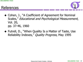 UNCLASSIFIED / FOUO




 References
          Cohen, J., “A Coefficient of Agreement for Nominal
           Scales,” Educational and Psychological Measurement,
           Vol. 20,
           pp. 37-46, 1960
          Futrell, D., “When Quality Is a Matter of Taste, Use
           Reliability Indexes,” Quality Progress, May 1995




                            Measurement System Analysis - Attribute   UNCLASSIFIED / FOUO   40
 