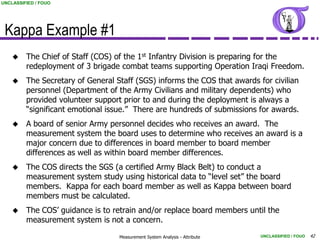 UNCLASSIFIED / FOUO




 Kappa Example #1
        The Chief of Staff (COS) of the 1st Infantry Division is preparing for the
         redeployment of 3 brigade combat teams supporting Operation Iraqi Freedom.
        The Secretary of General Staff (SGS) informs the COS that awards for civilian
         personnel (Department of the Army Civilians and military dependents) who
         provided volunteer support prior to and during the deployment is always a
         “significant emotional issue.” There are hundreds of submissions for awards.
        A board of senior Army personnel decides who receives an award. The
         measurement system the board uses to determine who receives an award is a
         major concern due to differences in board member to board member
         differences as well as within board member differences.
        The COS directs the SGS (a certified Army Black Belt) to conduct a
         measurement system study using historical data to “level set” the board
         members. Kappa for each board member as well as Kappa between board
         members must be calculated.
        The COS‟ guidance is to retrain and/or replace board members until the
         measurement system is not a concern.

                                   Measurement System Analysis - Attribute   UNCLASSIFIED / FOUO   42
 