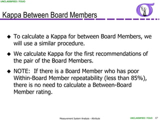 UNCLASSIFIED / FOUO




 Kappa Between Board Members

         To calculate a Kappa for between Board Members, we
          will use a similar procedure.
         We calculate Kappa for the first recommendations of
          the pair of the Board Members.
         NOTE: If there is a Board Member who has poor
          Within-Board Member repeatability (less than 85%),
          there is no need to calculate a Between-Board
          Member rating.



                           Measurement System Analysis - Attribute   UNCLASSIFIED / FOUO   57
 