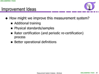 UNCLASSIFIED / FOUO




 Improvement Ideas
          How might we improve this measurement system?
                Additional training
                Physical standards/samples
                Rater certification (and periodic re-certification)
                 process
                Better operational definitions




                                 Measurement System Analysis - Attribute   UNCLASSIFIED / FOUO   65
 