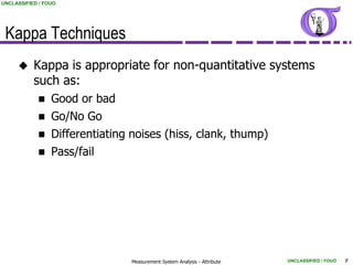 UNCLASSIFIED / FOUO




 Kappa Techniques
          Kappa is appropriate for non-quantitative systems
           such as:
                Good or bad
                Go/No Go
                Differentiating noises (hiss, clank, thump)
                Pass/fail




                                Measurement System Analysis - Attribute   UNCLASSIFIED / FOUO   9
 