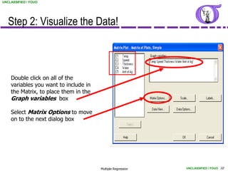UNCLASSIFIED / FOUO




   Step 2: Visualize the Data!



    Double click on all of the
    variables you want to include in
    the Matrix, to place them in the
    Graph variables box

    Select Matrix Options to move
    on to the next dialog box




                                       Multiple Regression   UNCLASSIFIED / FOUO 10
 