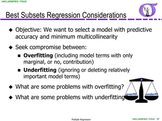 UNCLASSIFIED / FOUO




   Best Subsets Regression Considerations
         Objective: We want to select a model with predictive
          accuracy and minimum multicollinearity
         Seek compromise between:
               Overfitting (including model terms with only
                marginal, or no, contribution)
               Underfitting (ignoring or deleting relatively
                important model terms)
         What are some problems with overfitting?
                                                           overfit        underfit
         What are some problems with underfitting?


                                    Multiple Regression         UNCLASSIFIED / FOUO 32
 