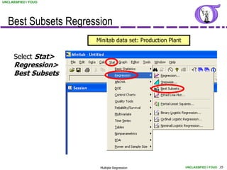 UNCLASSIFIED / FOUO




   Best Subsets Regression
                      Minitab data set: Production Plant

      Select Stat>
      Regression>
      Best Subsets




                       Multiple Regression                 UNCLASSIFIED / FOUO 35
 